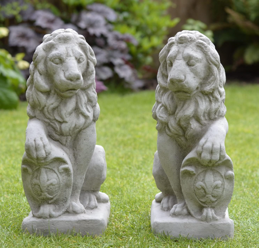 Concrete Made High Quality Lion Lions With Shields Pair Hand Cast Garden Ornaments Outdoor Statue Sculpture Home Decor Singh Set of 2